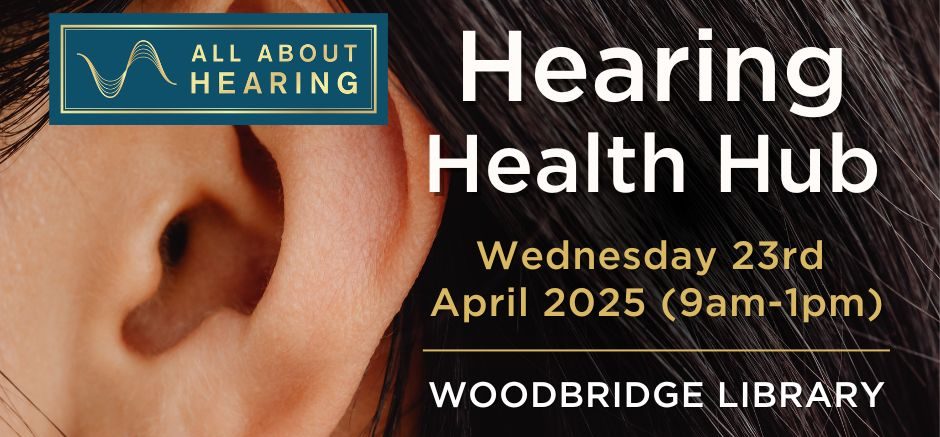 Close up image of an ear with the words 'Hearing Health Hub' overlaid.